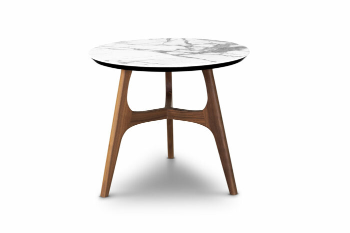 11.83 - Tavolino rotondo in legno di Noce Canaletto, il piano gres è disponibile in vari effetti.