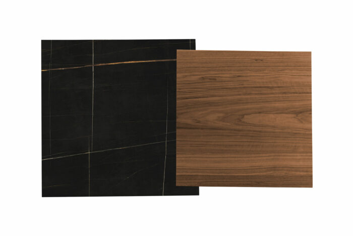 22.94 - Tavolino quadrato top in legno di Noce Canaletto e struttura centrale in finitura metallizzata dalla particolare forma geometrica. - immagine 3