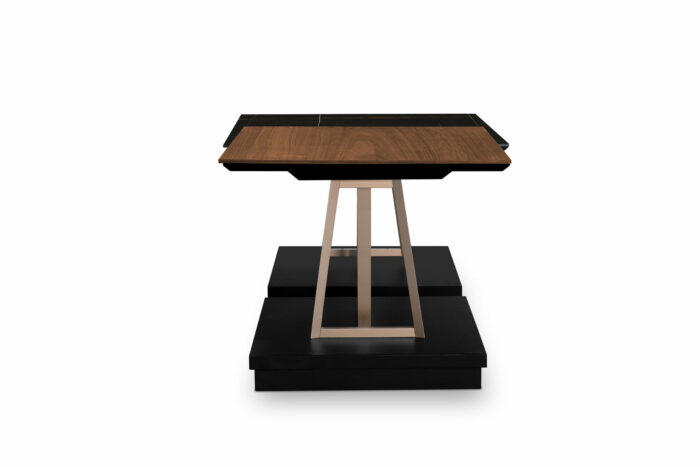 22.94 - Tavolino quadrato top in legno di Noce Canaletto e struttura centrale in finitura metallizzata dalla particolare forma geometrica. - immagine 4