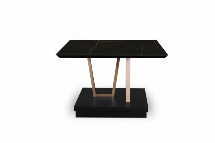 22.94 - Tavolino quadrato top in legno di Noce Canaletto e struttura centrale in finitura metallizzata dalla particolare forma geometrica. - immagine 2