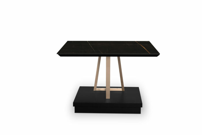 22.94 - Tavolino quadrato top in legno di Noce Canaletto e struttura centrale in finitura metallizzata dalla particolare forma geometrica. - immagine 7