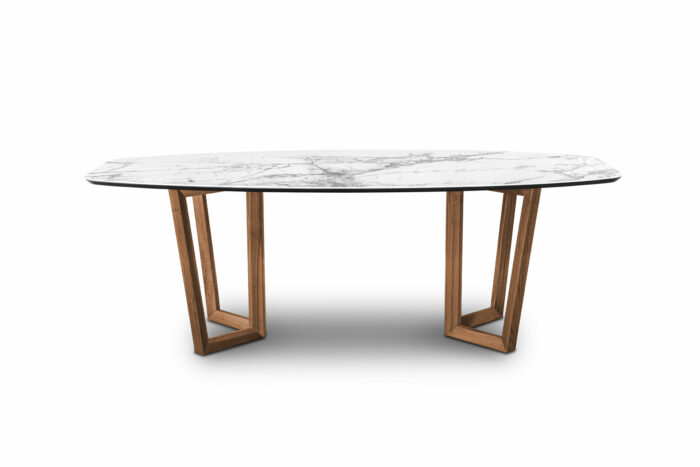 22.97 - Tavolo da pranzo con elegante top in Gres e con due gamboni in legno di Noce Canaletto