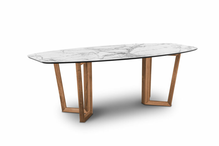 22.97 - Tavolo da pranzo con elegante top in Gres e con due gamboni in legno di Noce Canaletto - immagine 3